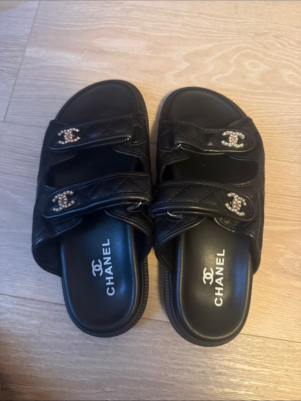CHANEL Black Quilted Double-Strap Men’s Slide Sandals with Crystal CC